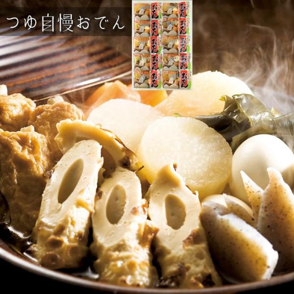 吟味を重ねた6種類の素材を使い、ダシの効いたスープでじっくり煮込んだ本格派のおでんです。夏は冷やして、冬は温めてまたそのままでも手軽においしくお召上りいただけます。■商品内容：つゆ自慢おでん420g（玉子、こんにゃく、ごぼう巻き、大根、昆布...