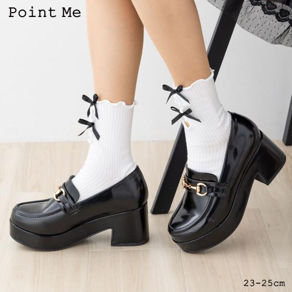 Point Me 前穴開き ダブルリボン クルーソックス 白 黒 23-25cm
