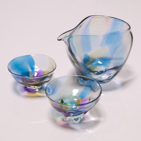 glass calico ミナモearth (ミナモアース) 冷酒器セット (片口・ぐい呑 2個) グラスキャリコ ハンドメイド ガラス酒器 おしゃれ 来客用 ギフト プレゼント