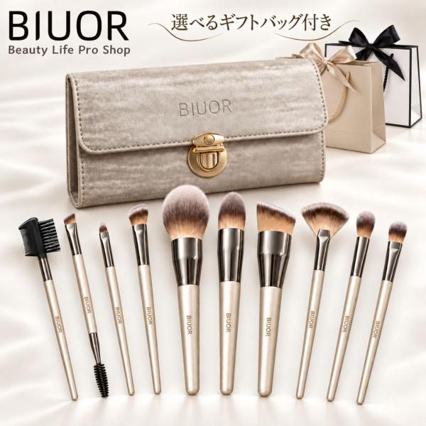 BIUOR 10本メイクブラシセット アイシャドウブラシ　シルバー 化粧筆 高級タクロン 毛量たっぷり 超柔らかい 専用ポーチ付 大容量収納 プレゼント