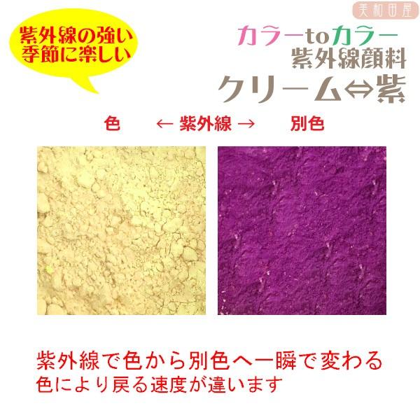 カラーｔｏカラー　紫外線顔料　クリーム→紫　（レジン着色顔料）紫外線に反応し色が変わるレジン着色顔料です室内と室外でレモン⇔オレンジに色が変色します紫外線に当たると一瞬で変わります。変化速度は数秒〜3分程度、色により戻る速度が違います。紫外...