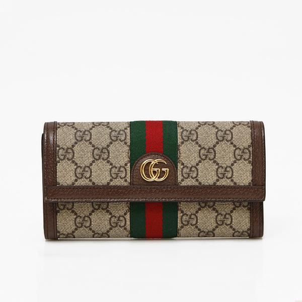 グッチ GUCCI オフィディア GGスプリームキャンバス×レザー 二つ折り かぶせ 長財布 ベージ...