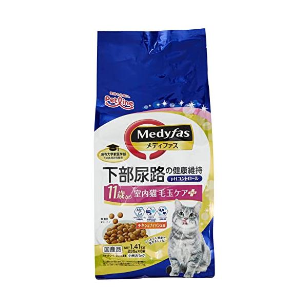 他サイト： メディファス キャットフード 室内猫毛玉ケアプラス 11歳から チキン&amp;フィッシュ味 下部尿路/ｐHコントロール/麻布大学共同開発/国産/アルミ小分け 1の商品画像