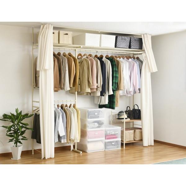 ハンガーラック 突っ張り 収納 棚 ラック 2段 カーテン付き 伸縮式 おしゃれ 北欧 爆売り 頑丈 収納家具 ウォークイン クローゼット スチール 62h W つっぱり