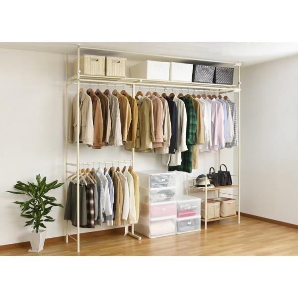 ハンガーラック 突っ張り 収納 棚 ラック 2段 カーテン付き 伸縮式 おしゃれ 北欧 爆売り 頑丈 収納家具 ウォークイン クローゼット スチール 62h W つっぱり