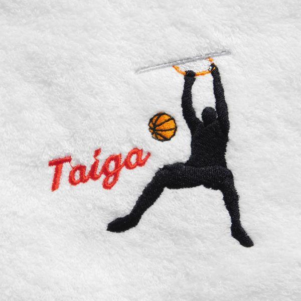 DUNKを決めたあとの「ぶら下がりシルエット」今治産のフェイスタオルに「オリジナルデザイン」と「お名前」を刺繍致します。「お誕生日」や「卒部記念」「クラブチームの記念品」にも最適なお品です。使用するタオルは、世界的に評価された高品質な綿「サ...