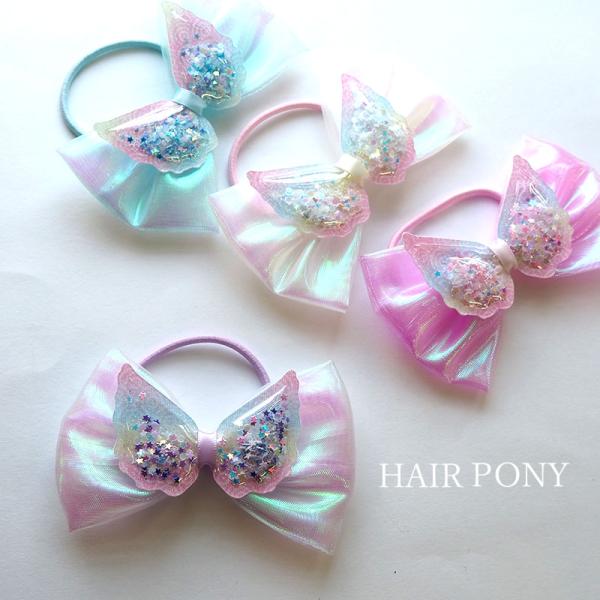 ヘアゴム シャカシャカ 羽根 リボン 大きめ ポニー キッズ 子供 ヘア