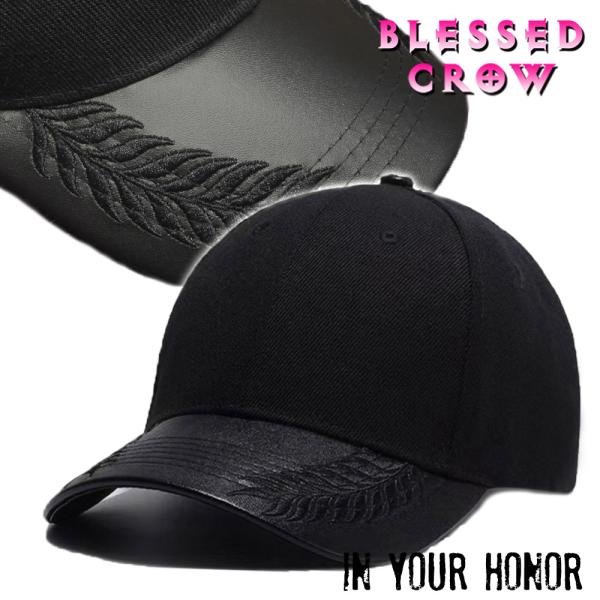 オールブラック アクセントレザー キャップ メンズ 帽子 秋冬 黒 刺繍