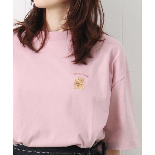 Tシャツ トップス カットソー レディース 半袖 綿100％ おしゃれ コーデ 無地 白 ワンポイント キンクマ グッズ プレゼント ハムスター刺繍Tシャツ
