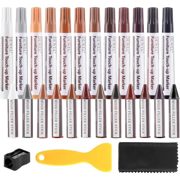 ●【セット内容】：補修ペン*12色 補修棒*12色 芯削り器*1ヘラ*1●【様々な使用場面】：こちらの木製品補修キットは、テーブル、椅子、ベッド、床、ドア、クローゼットなどの木製家具の傷 (くず、ひび割れ、へこみ、ペットの跡、擦れ、変色など...