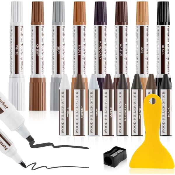 ●【ダブルヘッド形状で大小の傷を使い分け】一本で二通りの役割を果たす、ダブルヘッド設計です。幅広の「角端」タイプは、木製家具の色あせや、塗装がれなどに素早くムラなく色を乗せます。●【マーカーとクレヨンのWアプローチ】この木製家具補修キットは...