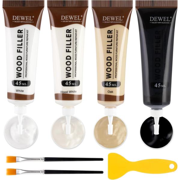 【混色可能*4色入り】ホワイト、ウッドホワイト、オーク、ブラック▲本製品は複数の色をブレンドすることで、お使いの木製品にぴったりのオリジナルカラーを作成できます。【使いやすい】補修箇所のゴミ?水分?油などの汚れを取り除いてください。尖った口...