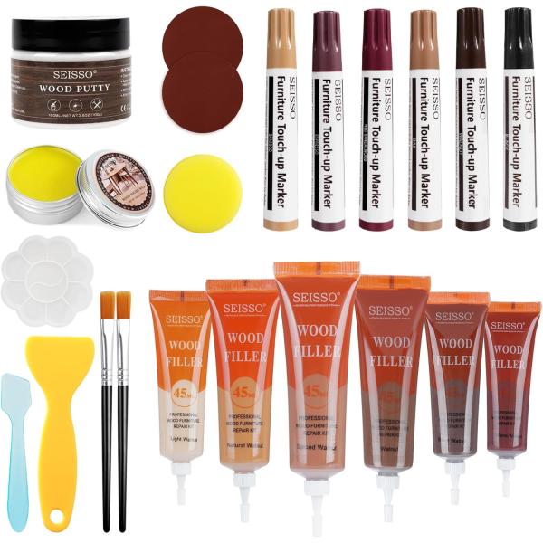 【パッケージ内容】六色45ML補修クリーム、六色補修ペン、100gホワイトパテ*1、25g木材ワックス*1、スクレーパー*2、ブラシ*2、サンドペーパー*2、スポンジ*1、パレット*1。（全22枚セット）【六色入り】六色45ML補修クリーム...