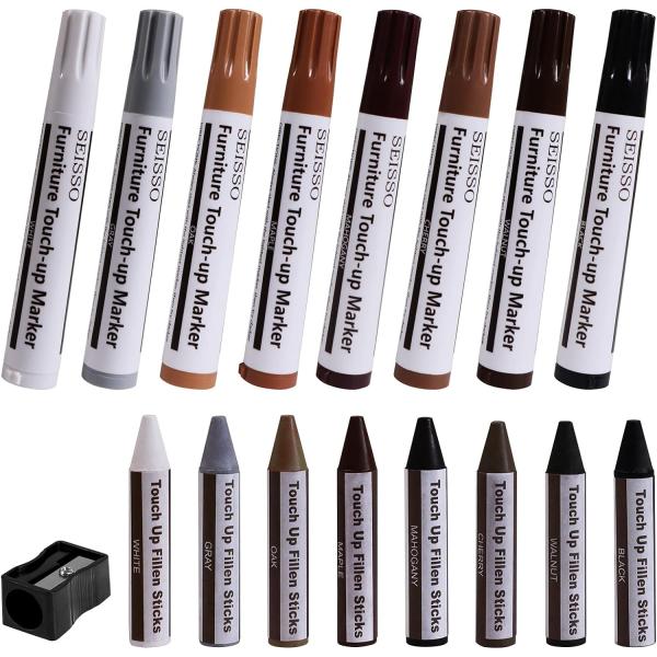 仕様補修ペン*8色、補修棒*8色、芯削り器*1（8色：オーク、マホガニー、ブラック、チェリー、ウォルナット、カエデ、ホワイト、グレー）いろんな木製品に適用です。さまざまな用途補修ペンは細かい傷や擦り傷を簡単に修復でき、補修棒は大きな傷や欠け...