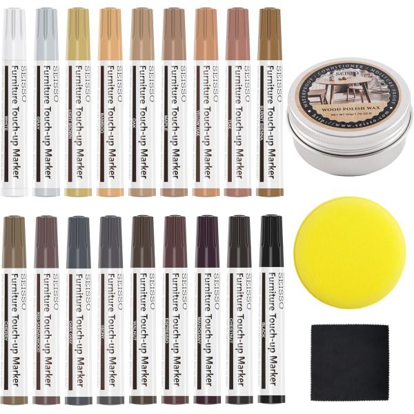【セット内容】18色補修ペン、50g木材ワックス*1、スポンジ*1、布*1 ▲カラー：バンブー、バーントオーカー、チェリー、エスプレッソ、オーク、グレー、ウォールナット、マホガニー、ダークグレー、メープルウッド、ホワイト、マロン、ブラック、...