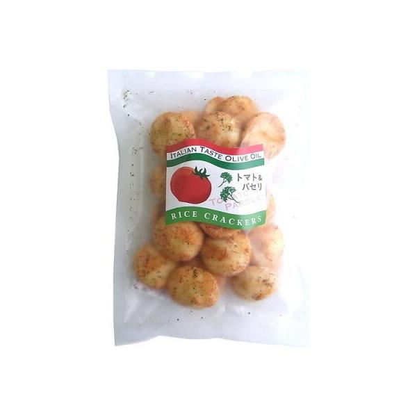 独自の製法で練り上げた生地を直火でサクッと焼き上げた後、オリーブオイルを絡めトマトパウダー、チリパウダーでイタリアン風に仕上げました。原材料名：うるち米（国産）、オリーブオイル、トマトパウダー、食塩、酵母エキス、パセリ、チリパウダー　