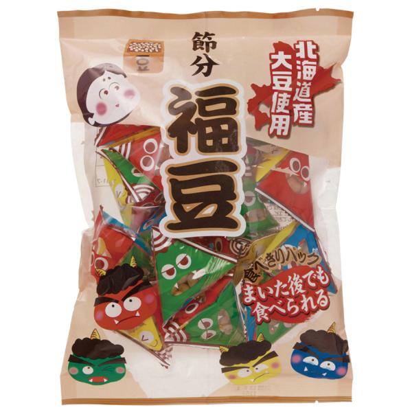 ■かわいい4色の鬼の絵のテトラパック包装（12〜13包入り）■テトラパックごと撒けば、部屋を汚さずに豆まきができる■そのまま食べる。豆まきに。原材料：大豆（北海道産）開封前賞味期間：常温で6ヶ月　