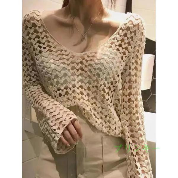 透かし編み ニット レディース サマーニット Vネック オフショルダー シアートップス ゆったり 長袖 メッシュ セーター 抜き襟 涼しい