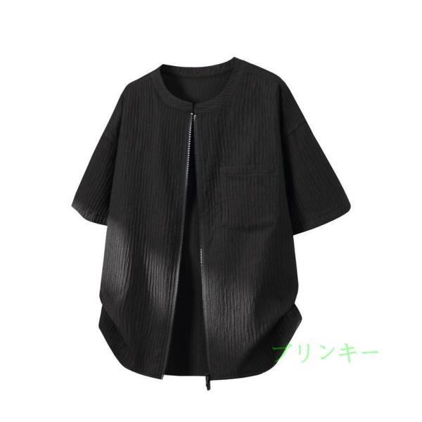 シャツ メンズ レディース 半袖 無地 ブルゾン ジップアップ 胸ポケット付き 前開き 薄手 軽い ゆったり 丸首 ファッション トップス