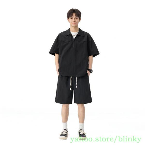 セットアップ メンズ 夏 上下セット 半袖 ハーフジップ シャツ