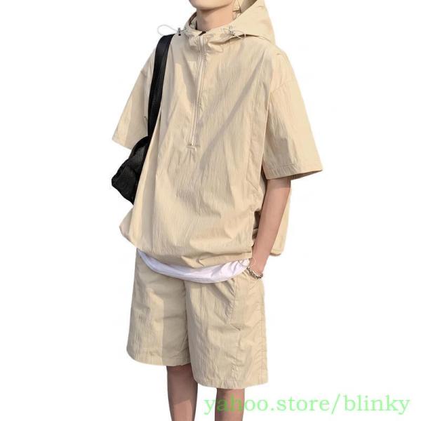 ¥72,600RUSSELUNO/5】中綿ナイロンセットアップ半袖ジョガーパンツ セットアップ メンズ 上下セット 夏 半袖 アノパーカー ハーフパンツ