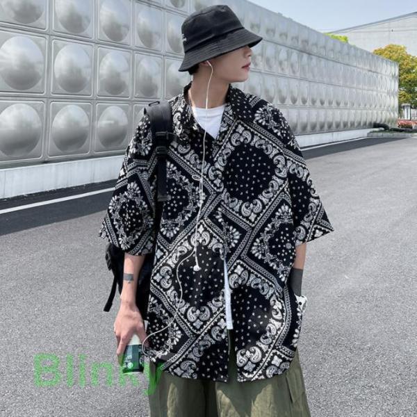 ペイズリー柄 総柄シャツ ブラウス 半袖 メンズ ビッグシルエット オーバーサイズ 韓国 ファッション ストリート系 おしゃれ