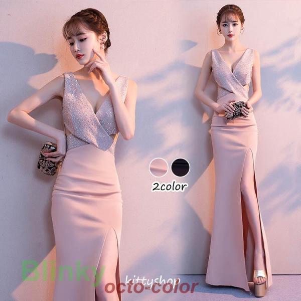 黒 イブニングドレス サテン マーメイドドレス スリット Vネック