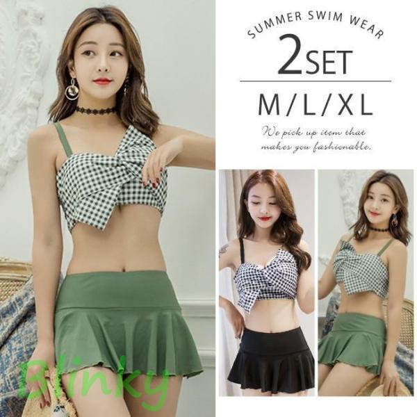 バンドゥビキニ スカート リボン型バンドゥブラ ワイヤー入り バッククロス チェック レディース セパレート 水着 小胸 オトナ女子 バンドゥビキニ スカート リボン型バンドゥブラ ワイヤー入り バック