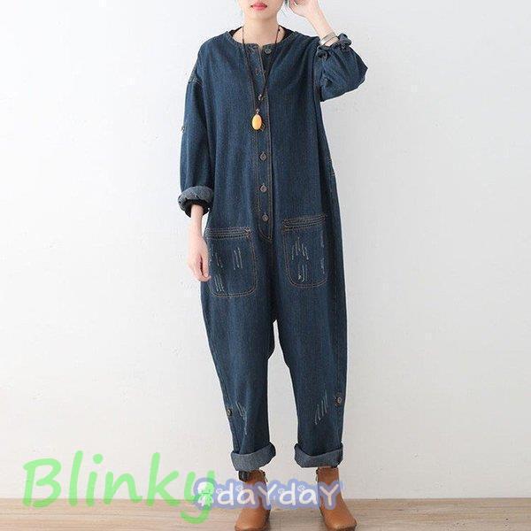 オールインワン デニム つなぎ レディース デニムパンツドレス 連体服 オーバーオール 長袖 ロングパンツ ツナギ サルエル 古着風 マタニティ ゆったり 40代