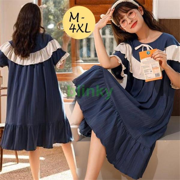 ネグリジェ パジャマ レディース ルームウェア ワンピース 半袖 折り襟 リボン付き 綿 フリル 韓国風 寝巻き ゆったり 可愛い 春秋 夏