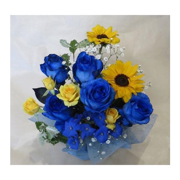 青いバラ/ペインテッドブルー5本　ヒマワリ＊北海道と沖縄へのお届けは　遠方料金がかかります。