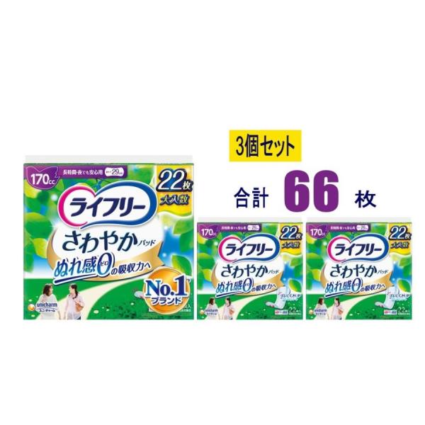 【3個セット】ライフリー さわやかパッド 女性用 170cc 長時間・夜でも安心用 22枚×3個(66枚) 29cm 尿もれが少し気になる方