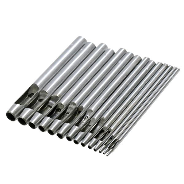 【商品概要】レザー 穴あけポンチ 14本セット 丸型 0.5mm-8mm。0.5mm 1mm 1.5mm 2mm 2.5mm 3mm 3.5mm 4mm 4.5mm 5mm 5.5mm 6mm 7mm 8mm　各1本スチール製ベルトや財布の...