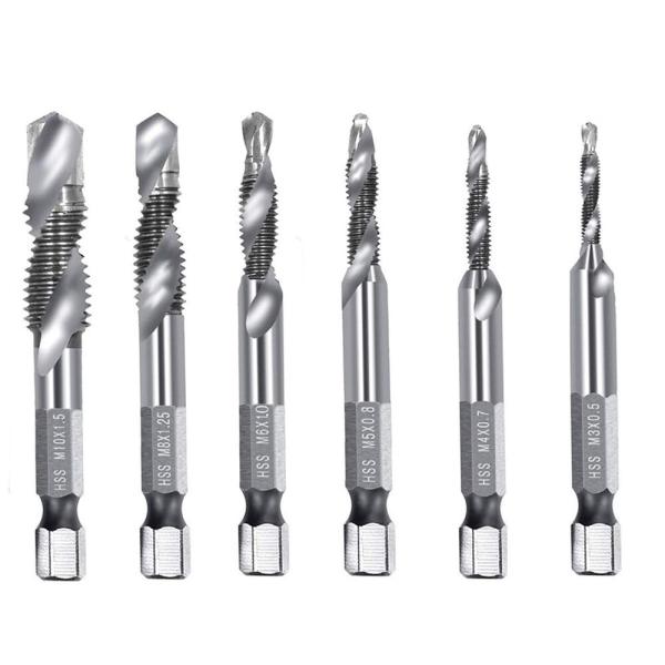 【商品概要】材?:高速?（HSS） 。軸径:1/4"六角シャンク（6.35mm）。セット内容： M3x0.5、M4x0.7、M5x0.8、M6x1、M8x1.25、M10x1.5の6本セットです。様々なサイズを揃えて、各機種に対応できます。...