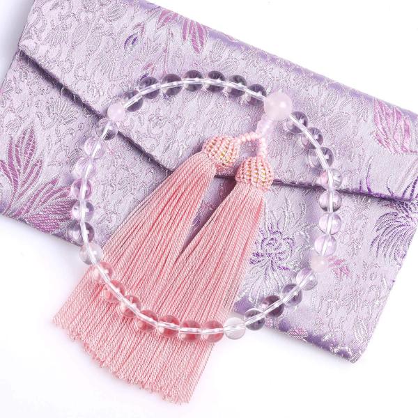 【商品概要】【エレガントな数珠】エレガントな水晶を使用しており、とても女性らしくて綺麗な念珠です。お値段から見えない高級感があり、上品な雰囲気を演出してくれます。【落ち着いたピンク】色はピンクですが、落ち着いたピンクです。渋い数珠を嫌がる1...