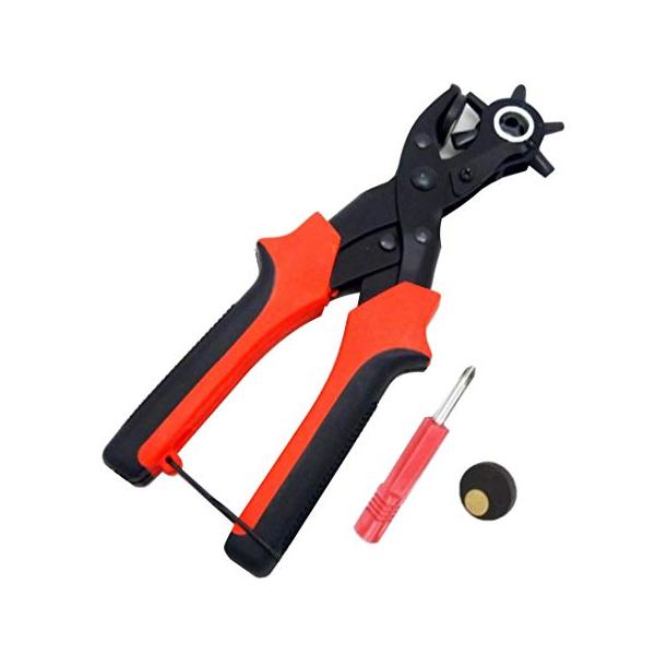 【商品概要】革製品、ベルトの穴あけ作業用のレザーパンチ穴サイズ6段階（3.5mm、4mm、4.5mm、6×4.5mm、6×4mm、7×4.5mm）楕円にも対応しています。穴サイズはヘッド部分のダイヤルを回転させて選択することが出来ます。本体...