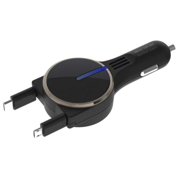 【商品概要】車内でType-C端末搭載のスマートフォンとマイクロUSB端末搭載のスマートフォンを充電ができます。コードを軽く引いて巻き取るスイッチレス式リールコードです。通電を知らせるLEDモニタランプ搭載詳細は、メーカーHP等でご確認の上...