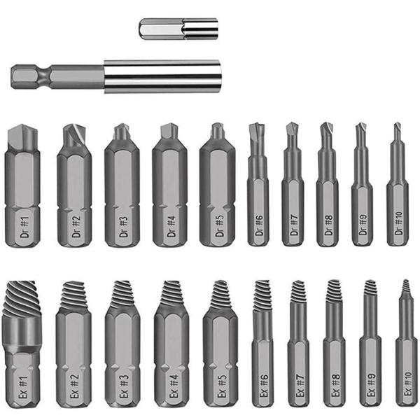 【商品概要】数量：22本入ネジ外しビット エクストラクタ（Ex＃1?10）、ドリルビット（Dr＃1?10）、ソケットアダプタ（4mm）、拡張ドリルビットホルダー（6.4mm）。材質：HSSスチール、高硬度、耐久性があり、損傷したネジを簡単に...
