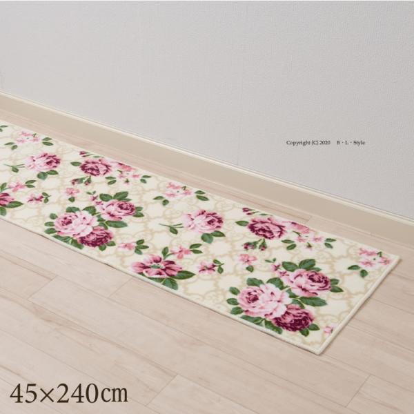 サイズ：約45×240cm素材：アクリル100％裏面：滑りにくい加工カラー：アイボリー・ピンク中国製バラのデザインが華やかなクラシカルな雰囲気のキッチンマット。