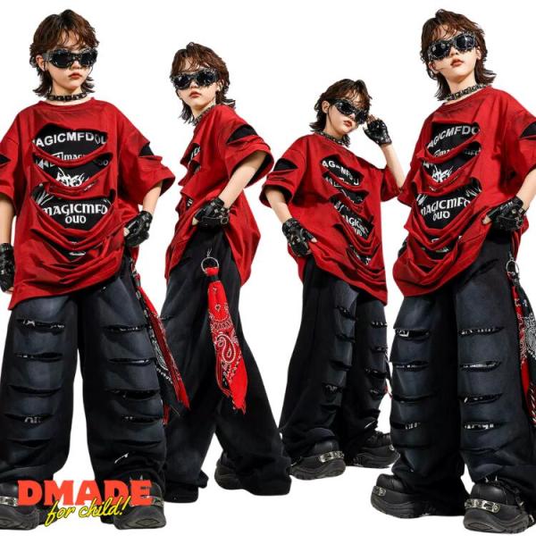 キッズ ダンス 衣装 セットアップ ヒップホップ 赤 黒 ダメージ加工 Tシャツ パンツ 2点セット ダンス衣装 韓国 ストリート系 発表会 男の子 女の子 ロック パン