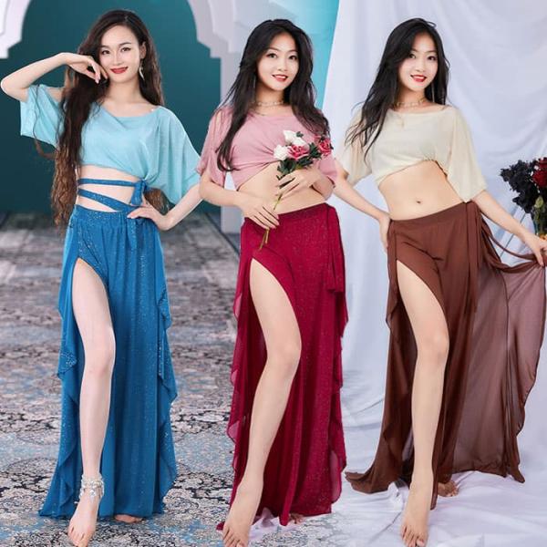 ベリーダンス 衣装 セット レッスン着 セットアップ おしゃれ ダンス衣装 ストレッチ メッシュ ラメ パンツ スカート トップス 非対称のネックライン かわいい
