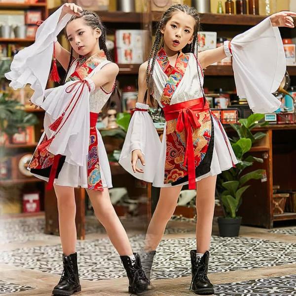キッズ 子供用 ダンス 衣装 和風 衣装 発表会 演出 ステージ 衣装 レッド ホワイト 雲 龍 和風 ダンス衣装 女の子 おしゃれ ダンス 服 発表会 HIPHOP ジュニア