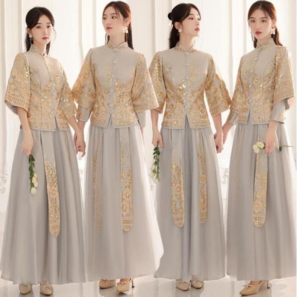 チャイナドレス　レディース民国風中華漢服　チャイナドレストップス＋スカート　チュール　結婚式　中華ブライズメイド服　4色　ステージワンピース エスニック