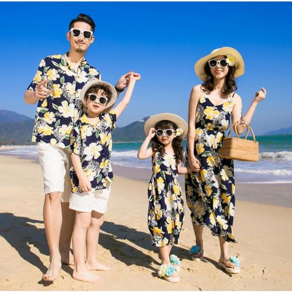 親子ペア家族お揃い衣装　男の子　メンズアロハシャツ+ショート丈パンツ　ハワイ風 花柄リゾートワンピース　女の子レディース　ママパパ　キッズ　親子コーデ　
