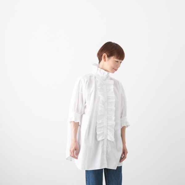 ■美品ダリアdahl’ia フリルカラー コットンシャツ 長袖 ホワイト dahl'ia ダリア コットン フロントフリル ロングシャツ メール便