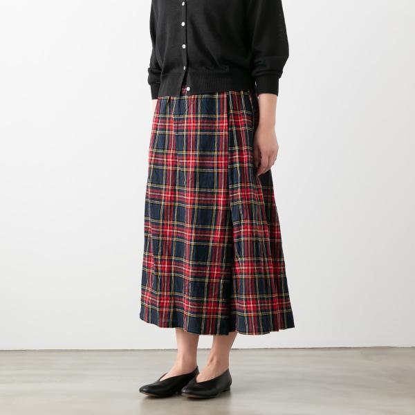 イチ　日本製　インディゴツイルチェックスカート セール】タックフレアチェックスカート【洗濯機洗い可】（スカート