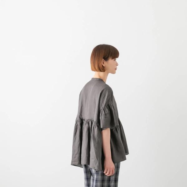 ユニヴァーサルティシュ フレンチリネン ギャザー フレア ワイド ブラウス メール便OK UNIVERSAL TISSU UT261BL003 麻 レディース 半袖 春夏 白 黒 紺