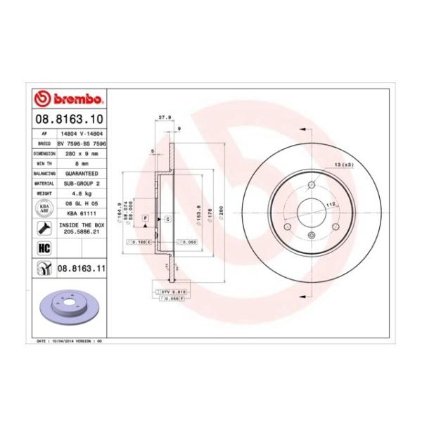 08.8163.11：BREMBO スマート フォーツークーペ(C450) クロスブレード ロードスター フロントブレーキローター 0004341V001 00