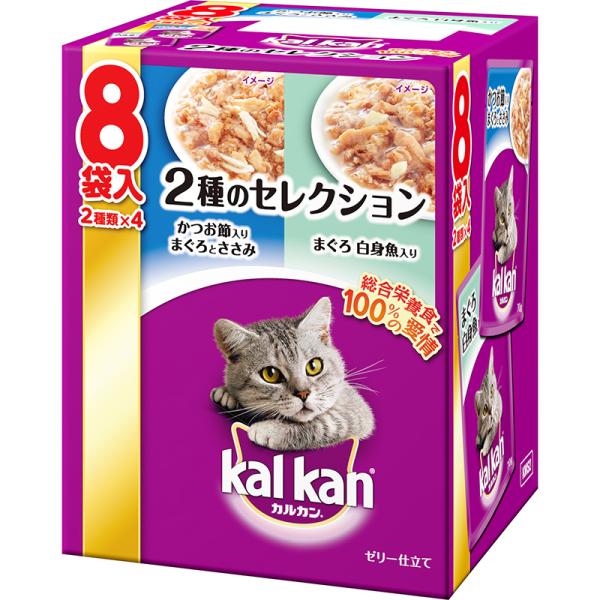 他サイト： ［マース］カルカン パウチ 2種のセレクション かつお節入りまぐろとささみ まぐろ白身魚入り 70g×8袋  タイの商品画像