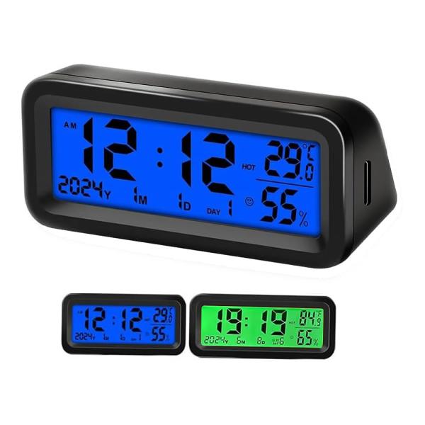 車時計 車用デジタル時計 二重色の光 LEDバックライト カレンダー表示機能 デジタル温度計 夜でも見える光 夜光 多機能 ソーラー充電・USB充電可